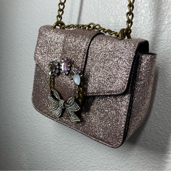 Aldo Glitter Shining Crossbody Bag Pink Silver Embellished Snap Closure 9x7" - Picture 7 of 16